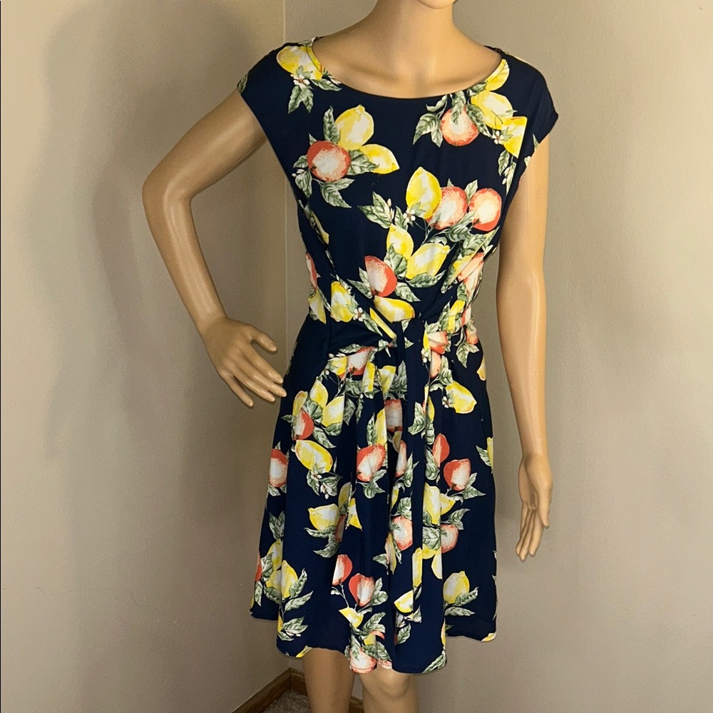 APRICOT Navy Midi Dress with Citrus Design